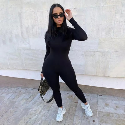 Solid Black/Gray Long Sleeve Skiing Jumpsuit Women Elastic Hight Outfit Fashion Fitness Sportwear Slim Rompers Streetwear