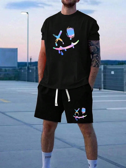 Manfinity LEGND Men Cartoon Graphic Short Sleeve Tee & Drawstring Waist Shorts, Going Out