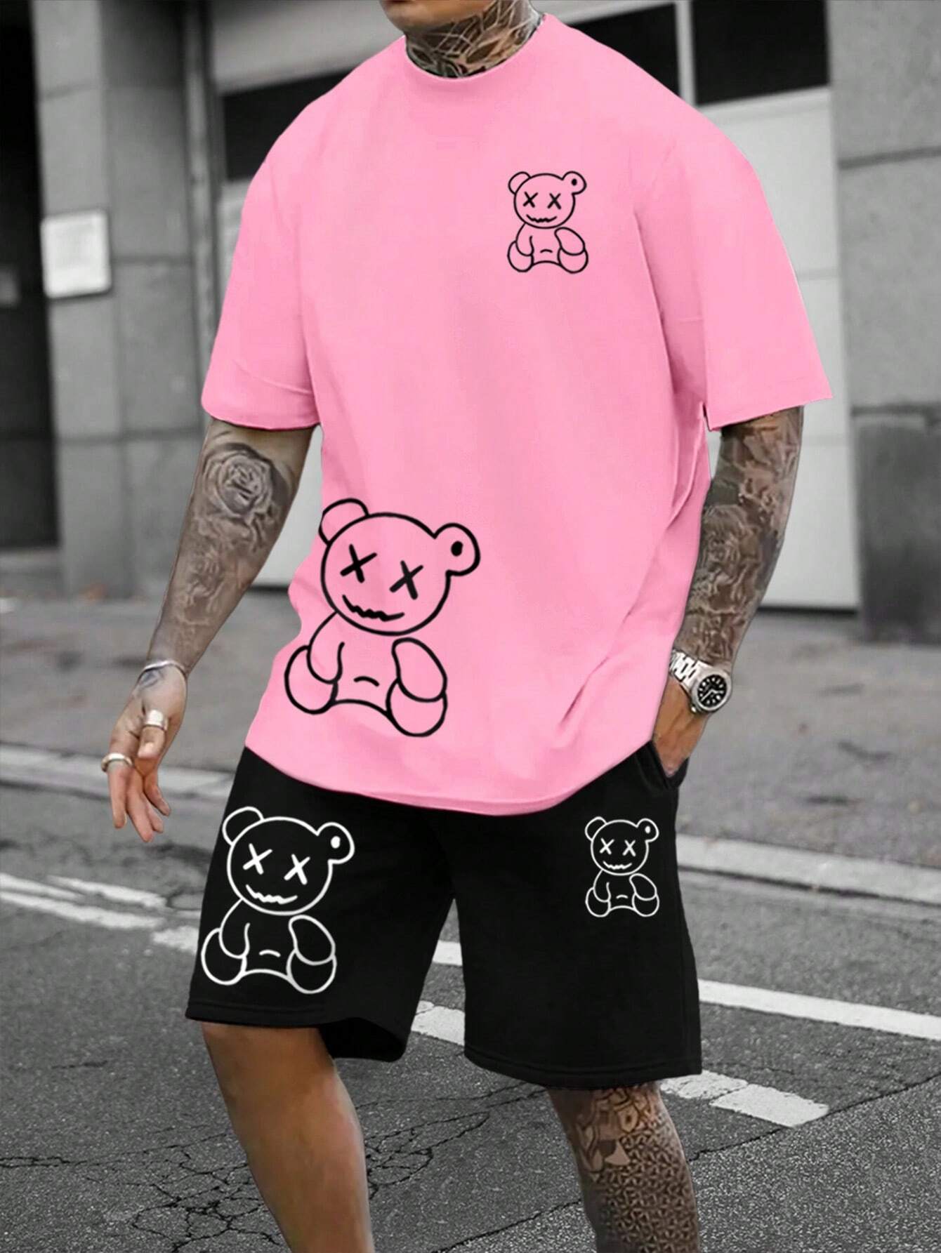 Manfinity LEGND Men'S Cartoon Bear Printed Short Sleeve round Neck T-Shirt and Drawstring Waist Shorts Set, Summer