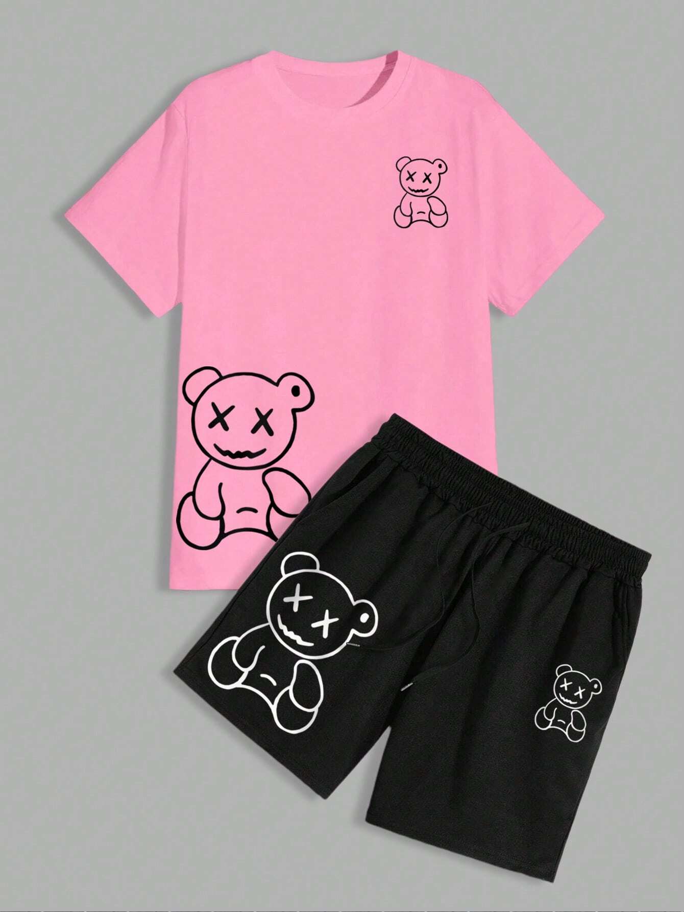 Manfinity LEGND Men'S Cartoon Bear Printed Short Sleeve round Neck T-Shirt and Drawstring Waist Shorts Set, Summer