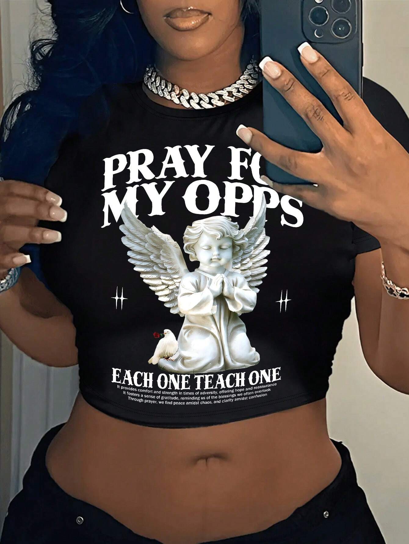 Pray For My Opps T-Shirt – Women's Summer Casual Angel Slogan Slim Fit Cropped Tee, Comfort & Strength in Adversity