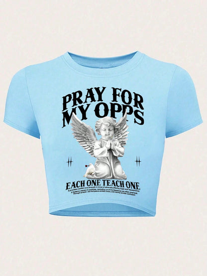 Pray For My Opps T-Shirt – Women's Summer Casual Angel Slogan Slim Fit Cropped Tee, Comfort & Strength in Adversity