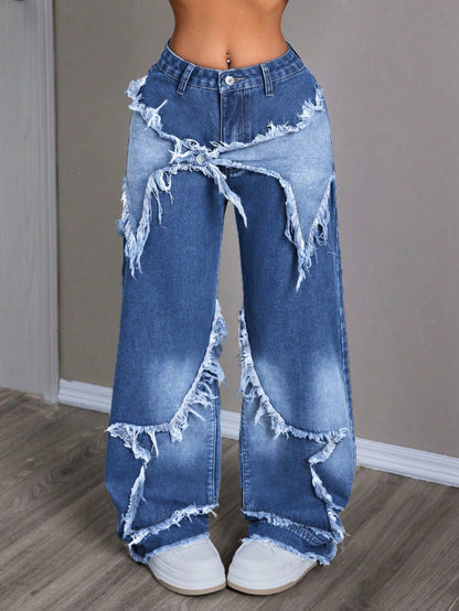 Women's Patchwork Fringe Wide Leg Denim Pants – Casual & Trendy Loose Fit