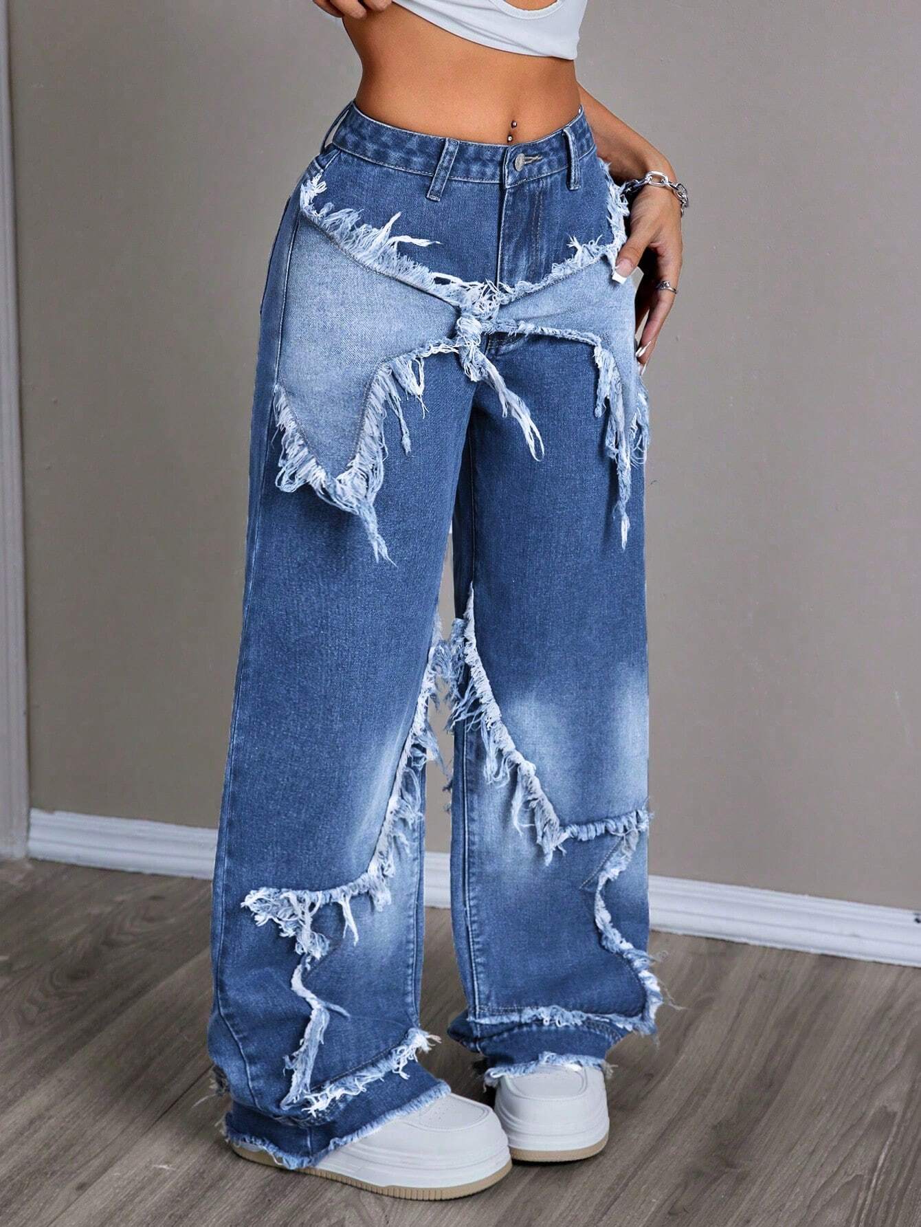 Women's Patchwork Fringe Wide Leg Denim Pants – Casual & Trendy Loose Fit