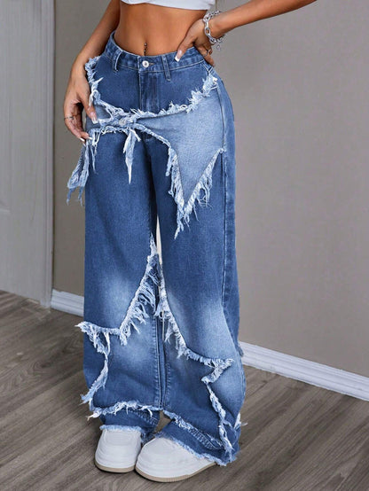 Women's Patchwork Fringe Wide Leg Denim Pants – Casual & Trendy Loose Fit