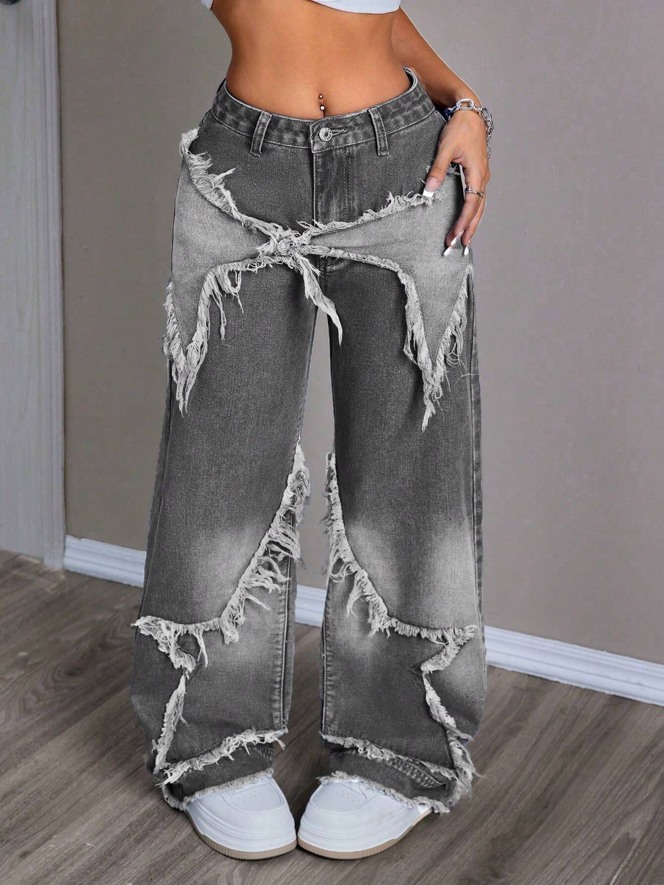 Women's Patchwork Fringe Wide Leg Denim Pants – Casual & Trendy Loose Fit