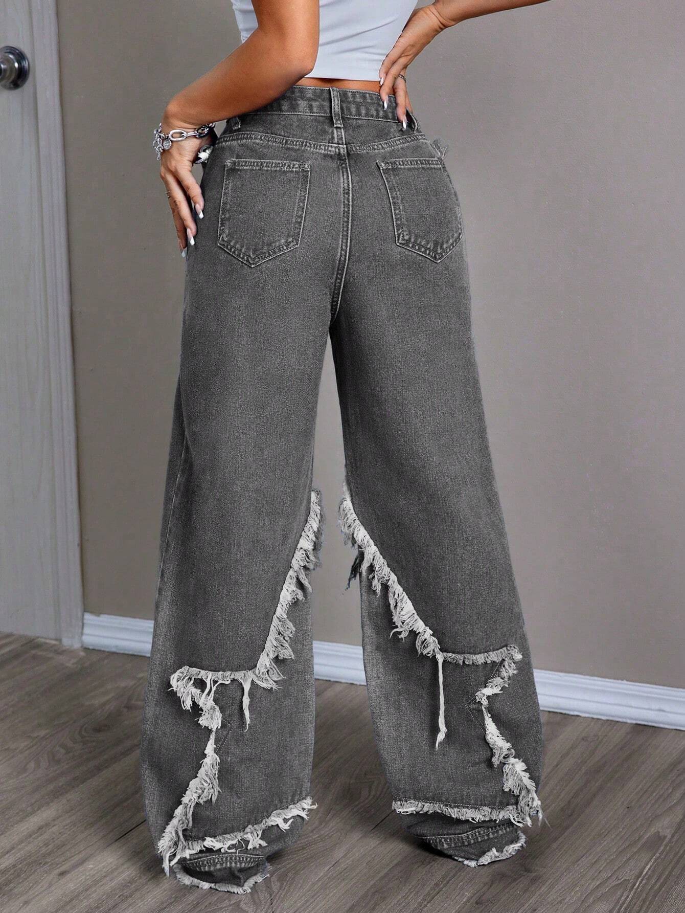 Women's Patchwork Fringe Wide Leg Denim Pants – Casual & Trendy Loose Fit