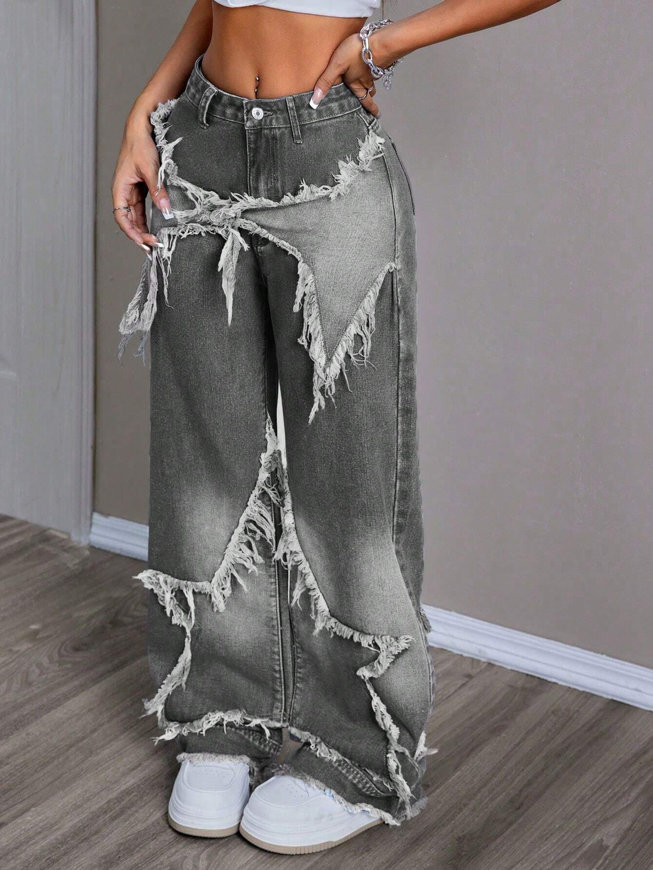 Women's Patchwork Fringe Wide Leg Denim Pants – Casual & Trendy Loose Fit