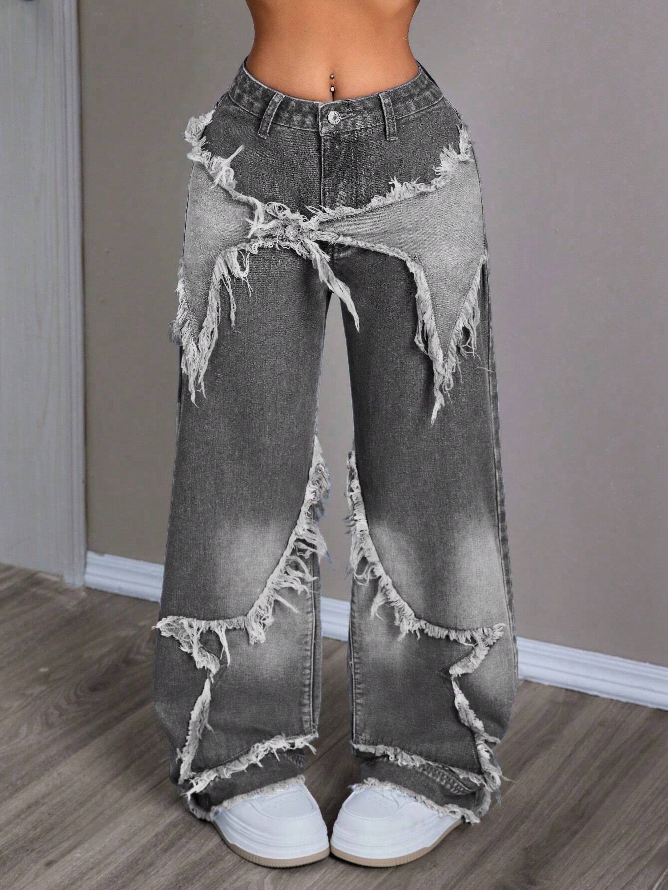 Women's Patchwork Fringe Wide Leg Denim Pants – Casual & Trendy Loose Fit