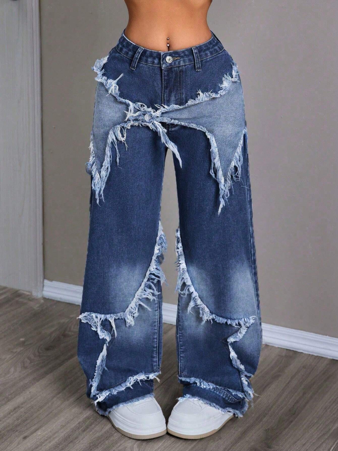 Women's Patchwork Fringe Wide Leg Denim Pants – Casual & Trendy Loose Fit