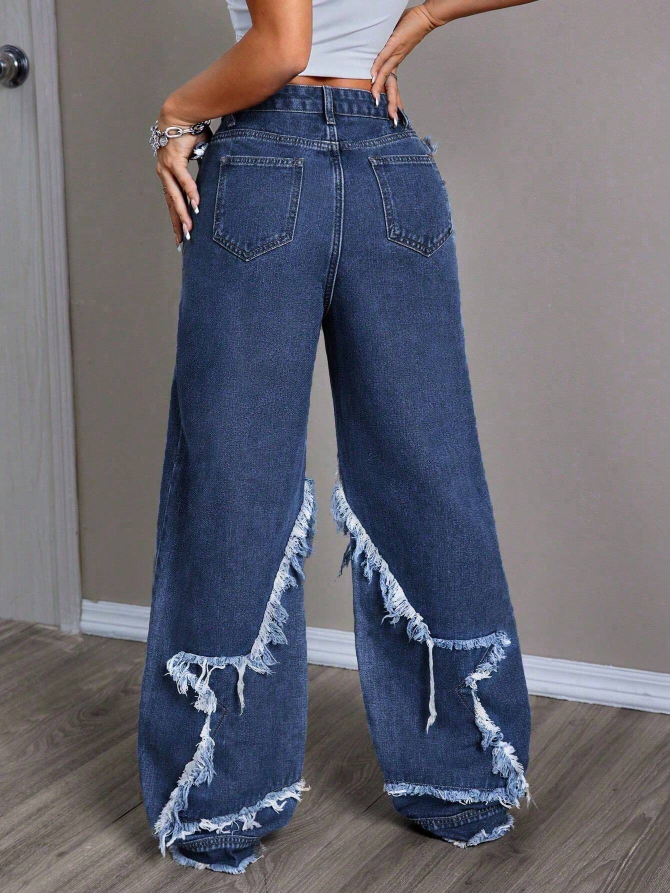 Women's Patchwork Fringe Wide Leg Denim Pants – Casual & Trendy Loose Fit