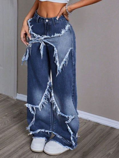 Women's Patchwork Fringe Wide Leg Denim Pants – Casual & Trendy Loose Fit