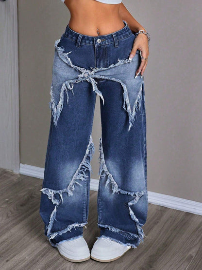 Women's Patchwork Fringe Wide Leg Denim Pants – Casual & Trendy Loose Fit