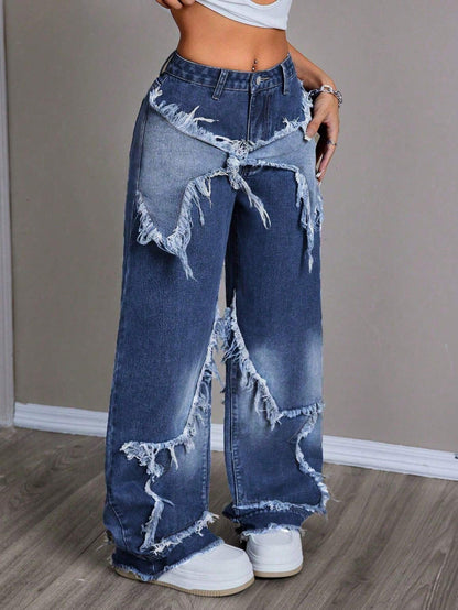 Women's Patchwork Fringe Wide Leg Denim Pants – Casual & Trendy Loose Fit