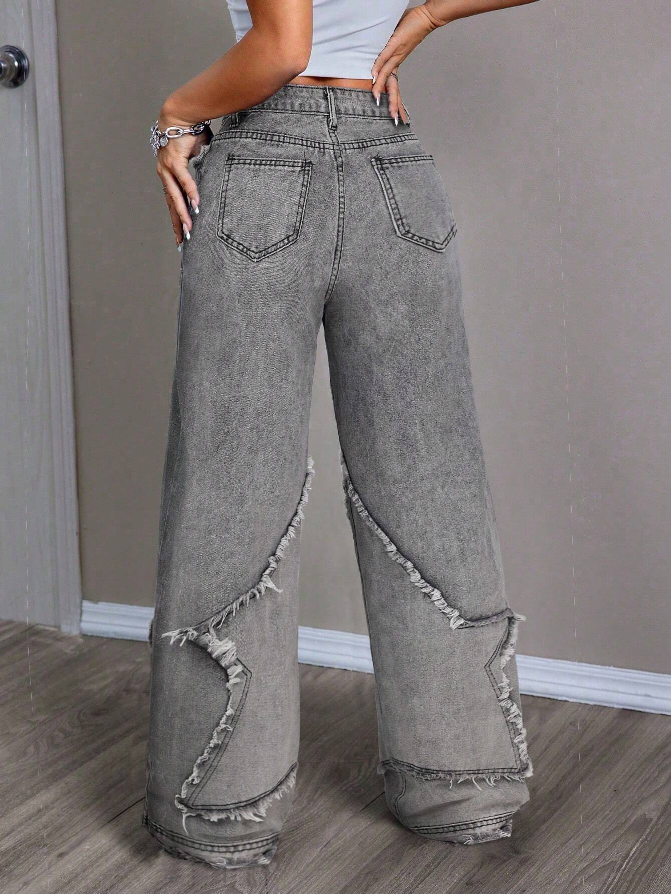 Women's Patchwork Fringe Wide Leg Denim Pants – Casual & Trendy Loose Fit