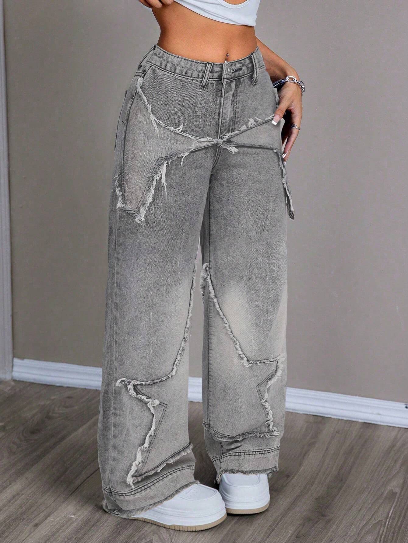 Women's Patchwork Fringe Wide Leg Denim Pants – Casual & Trendy Loose Fit