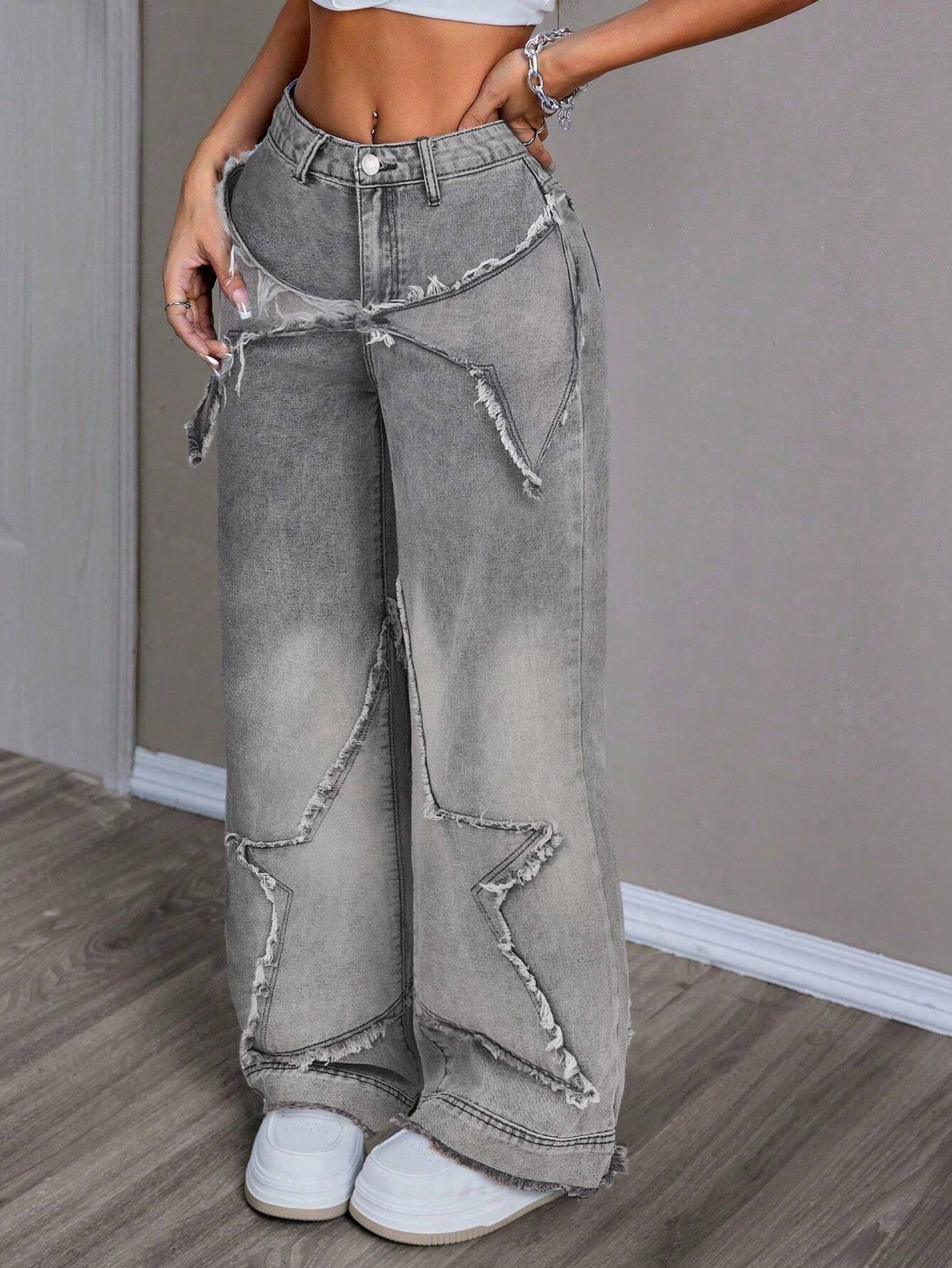 Women's Patchwork Fringe Wide Leg Denim Pants – Casual & Trendy Loose Fit