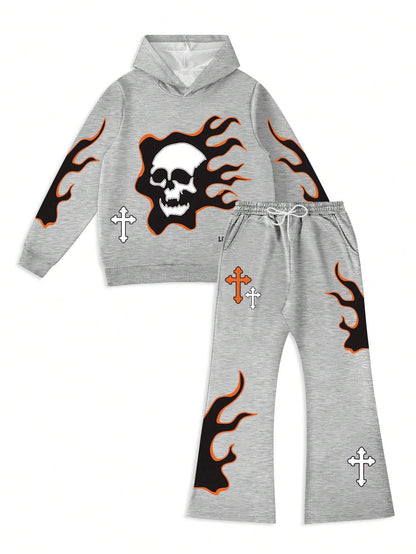 Men's Autumn Hoodie & Sweatpants Set – Letter & Skull Graphic with Drawstring Waist