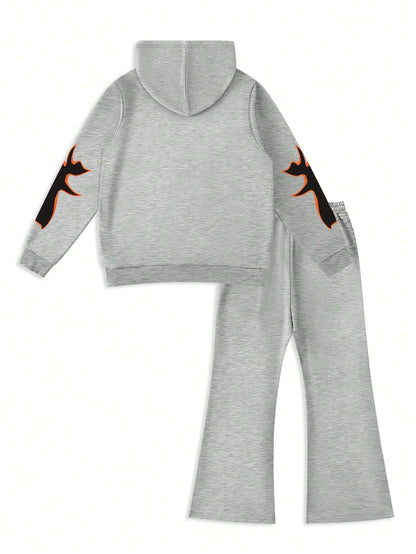 Men's Autumn Hoodie & Sweatpants Set – Letter & Skull Graphic with Drawstring Waist