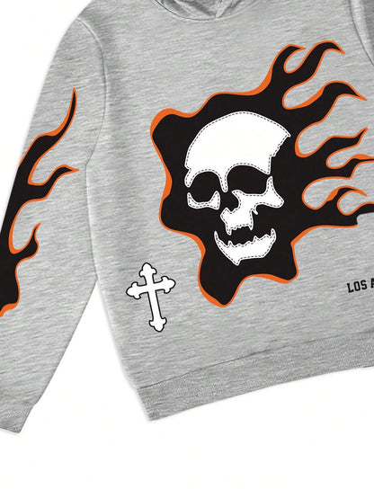 Men's Autumn Hoodie & Sweatpants Set – Letter & Skull Graphic with Drawstring Waist