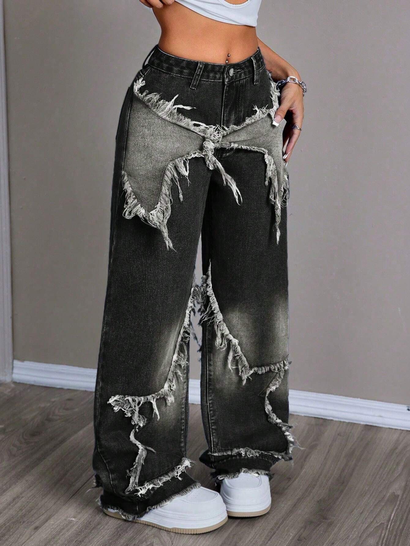 Women's Patchwork Fringe Wide Leg Denim Pants – Casual & Trendy Loose Fit