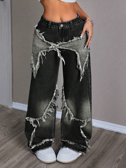 Women's Patchwork Fringe Wide Leg Denim Pants – Casual & Trendy Loose Fit