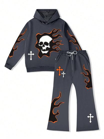 Men's Autumn Hoodie & Sweatpants Set – Letter & Skull Graphic with Drawstring Waist