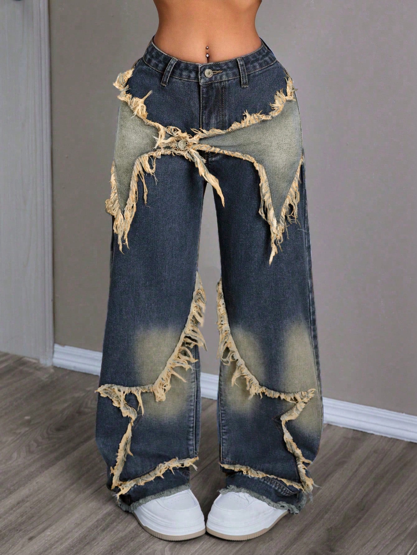 Women's Patchwork Fringe Wide Leg Denim Pants – Casual & Trendy Loose Fit