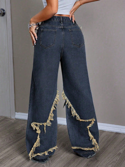 Women's Patchwork Fringe Wide Leg Denim Pants – Casual & Trendy Loose Fit