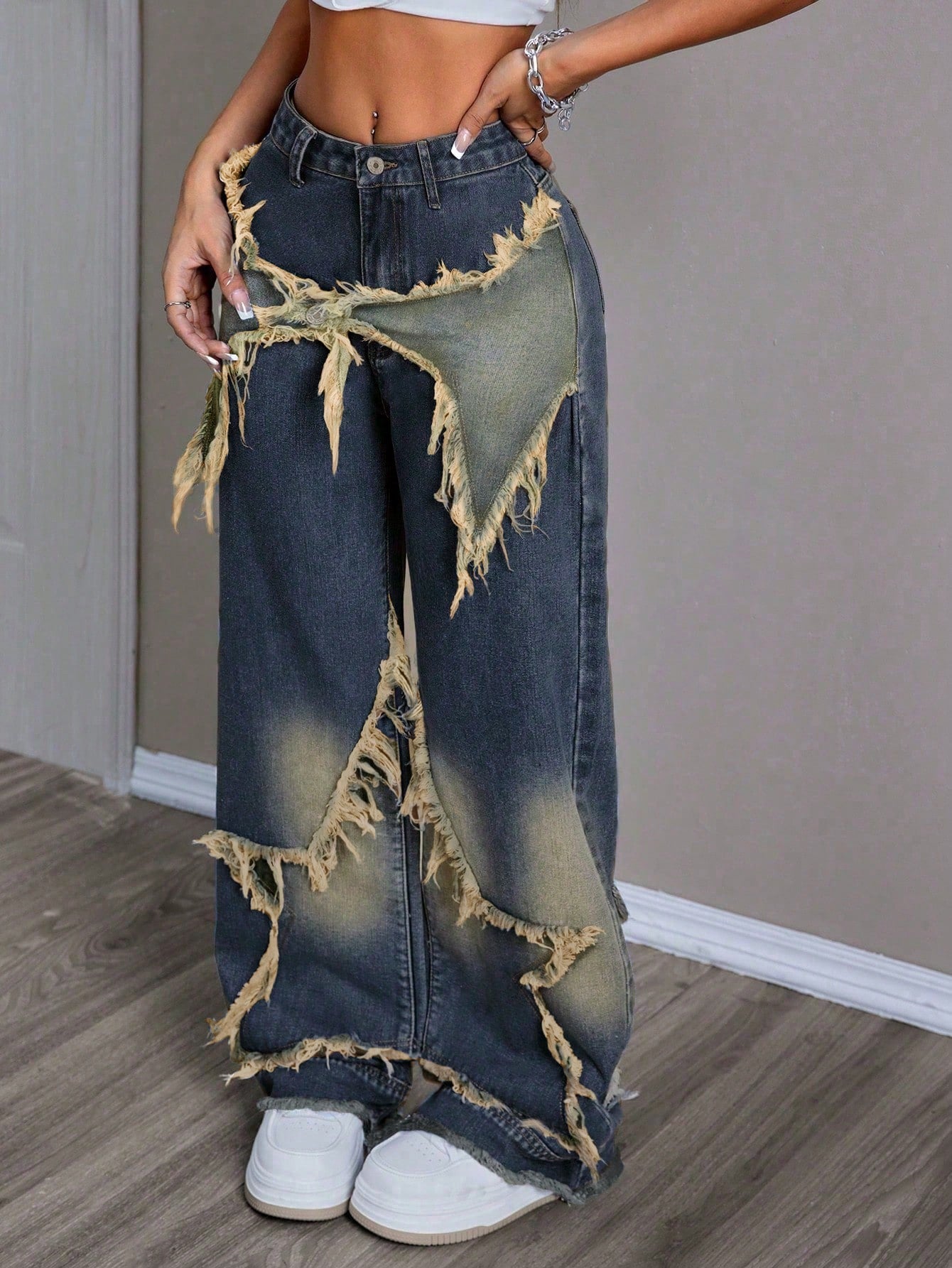 Women's Patchwork Fringe Wide Leg Denim Pants – Casual & Trendy Loose Fit