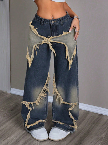 Women's Patchwork Fringe Wide Leg Denim Pants – Casual & Trendy Loose Fit