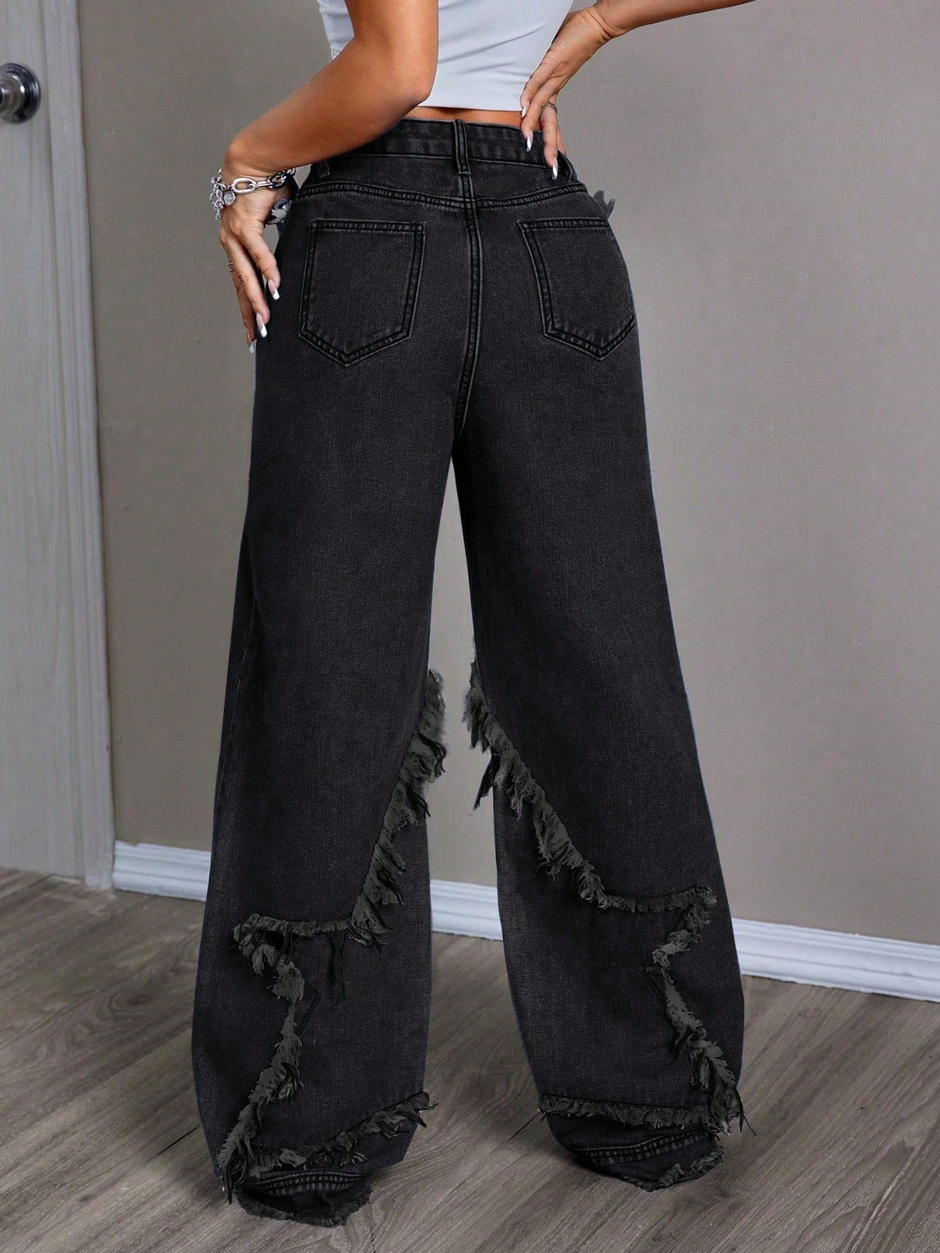 Women's Patchwork Fringe Wide Leg Denim Pants – Casual & Trendy Loose Fit