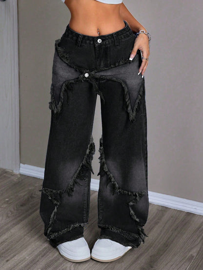 Women's Patchwork Fringe Wide Leg Denim Pants – Casual & Trendy Loose Fit