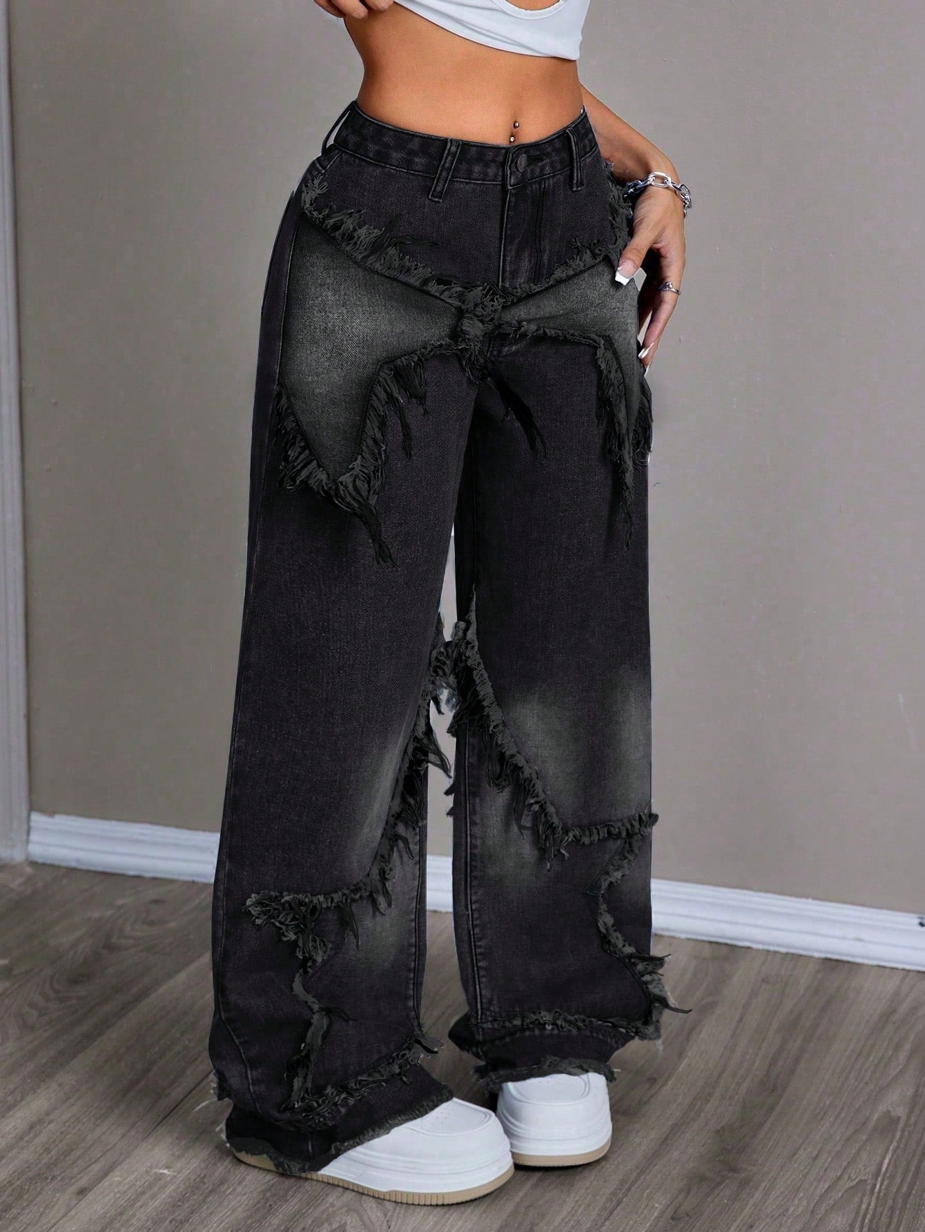 Women's Patchwork Fringe Wide Leg Denim Pants – Casual & Trendy Loose Fit