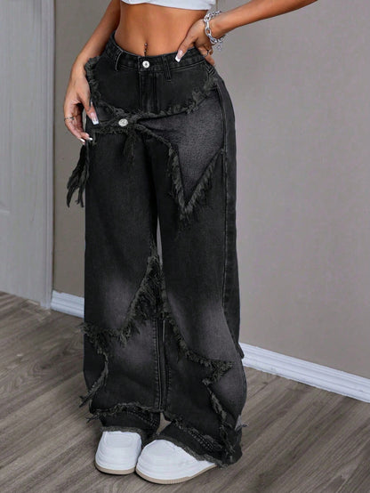 Women's Patchwork Fringe Wide Leg Denim Pants – Casual & Trendy Loose Fit