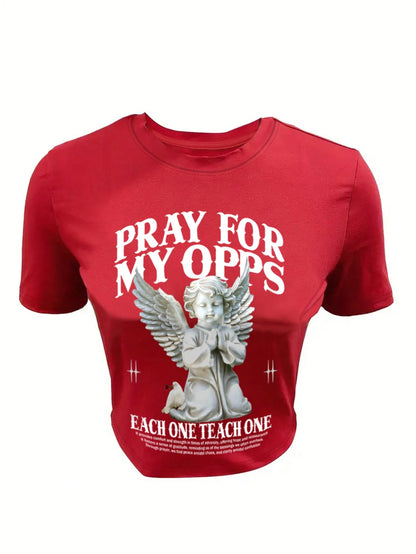 Pray For My Opps T-Shirt – Women's Summer Casual Angel Slogan Slim Fit Cropped Tee, Comfort & Strength in Adversity