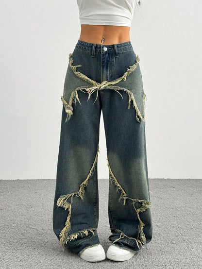 Women's Patchwork Fringe Wide Leg Denim Pants – Casual & Trendy Loose Fit