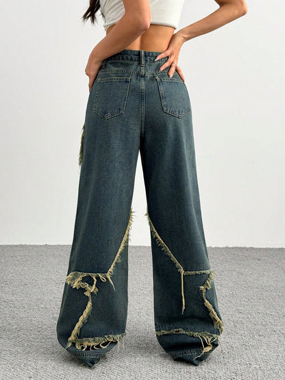 Women's Patchwork Fringe Wide Leg Denim Pants – Casual & Trendy Loose Fit