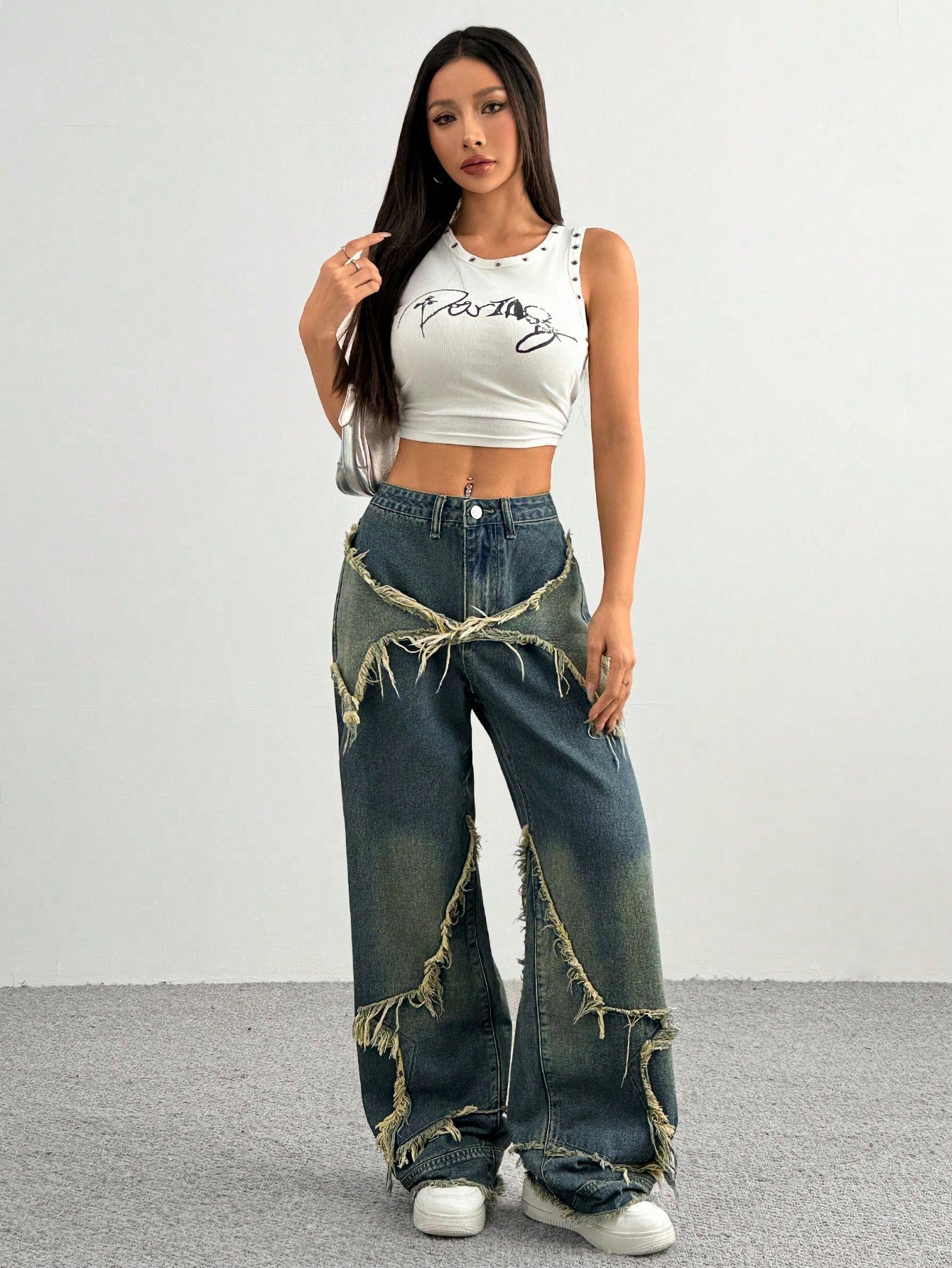 Women's Patchwork Fringe Wide Leg Denim Pants – Casual & Trendy Loose Fit