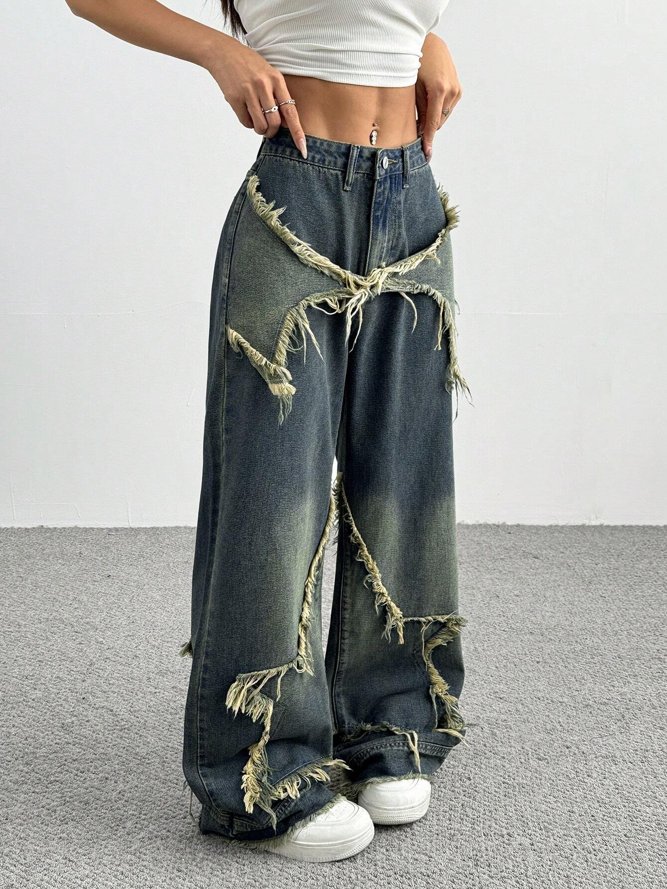 Women's Patchwork Fringe Wide Leg Denim Pants – Casual & Trendy Loose Fit