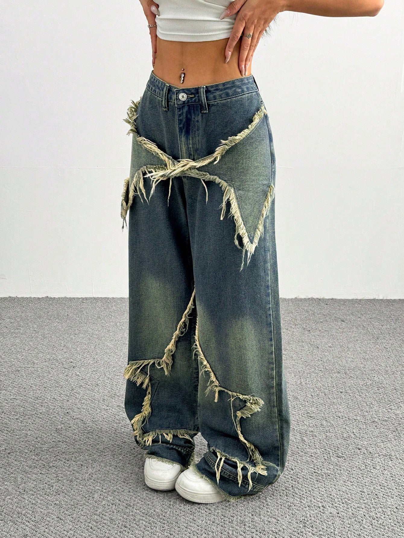 Women's Patchwork Fringe Wide Leg Denim Pants – Casual & Trendy Loose Fit