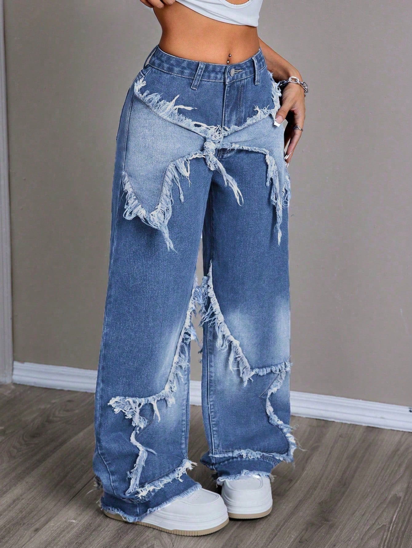 Women's Patchwork Fringe Wide Leg Denim Pants – Casual & Trendy Loose Fit