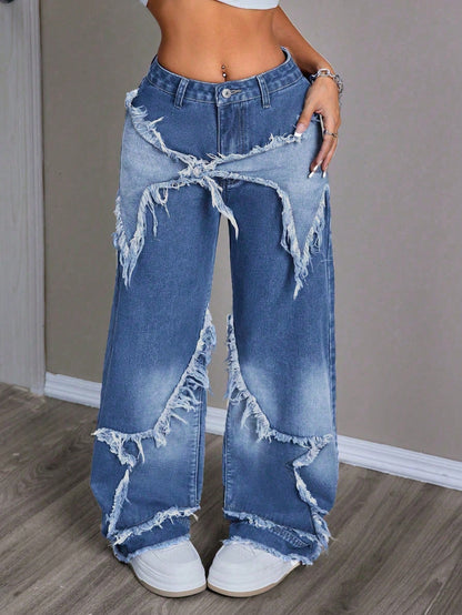 Women's Patchwork Fringe Wide Leg Denim Pants – Casual & Trendy Loose Fit