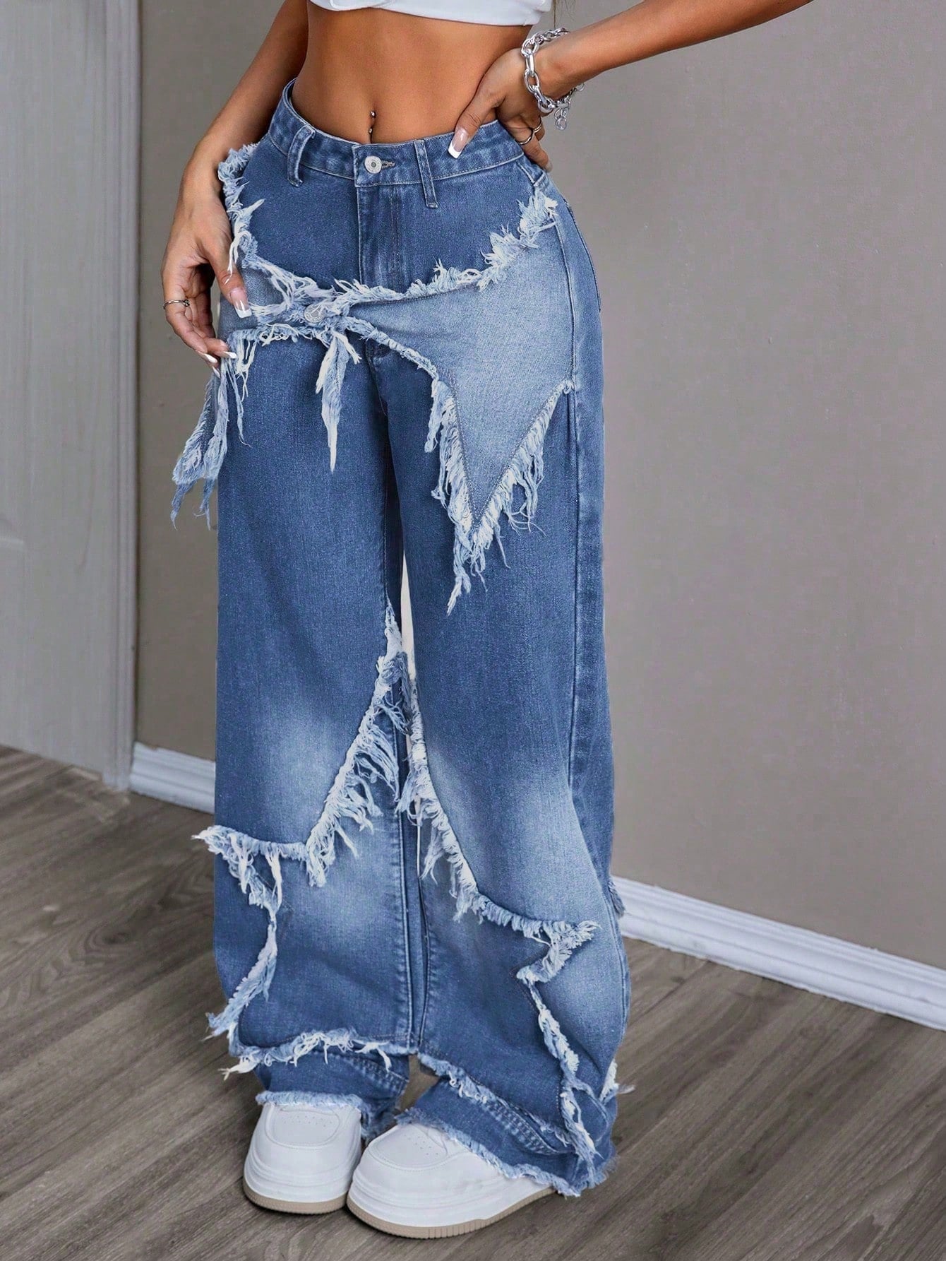 Women's Patchwork Fringe Wide Leg Denim Pants – Casual & Trendy Loose Fit