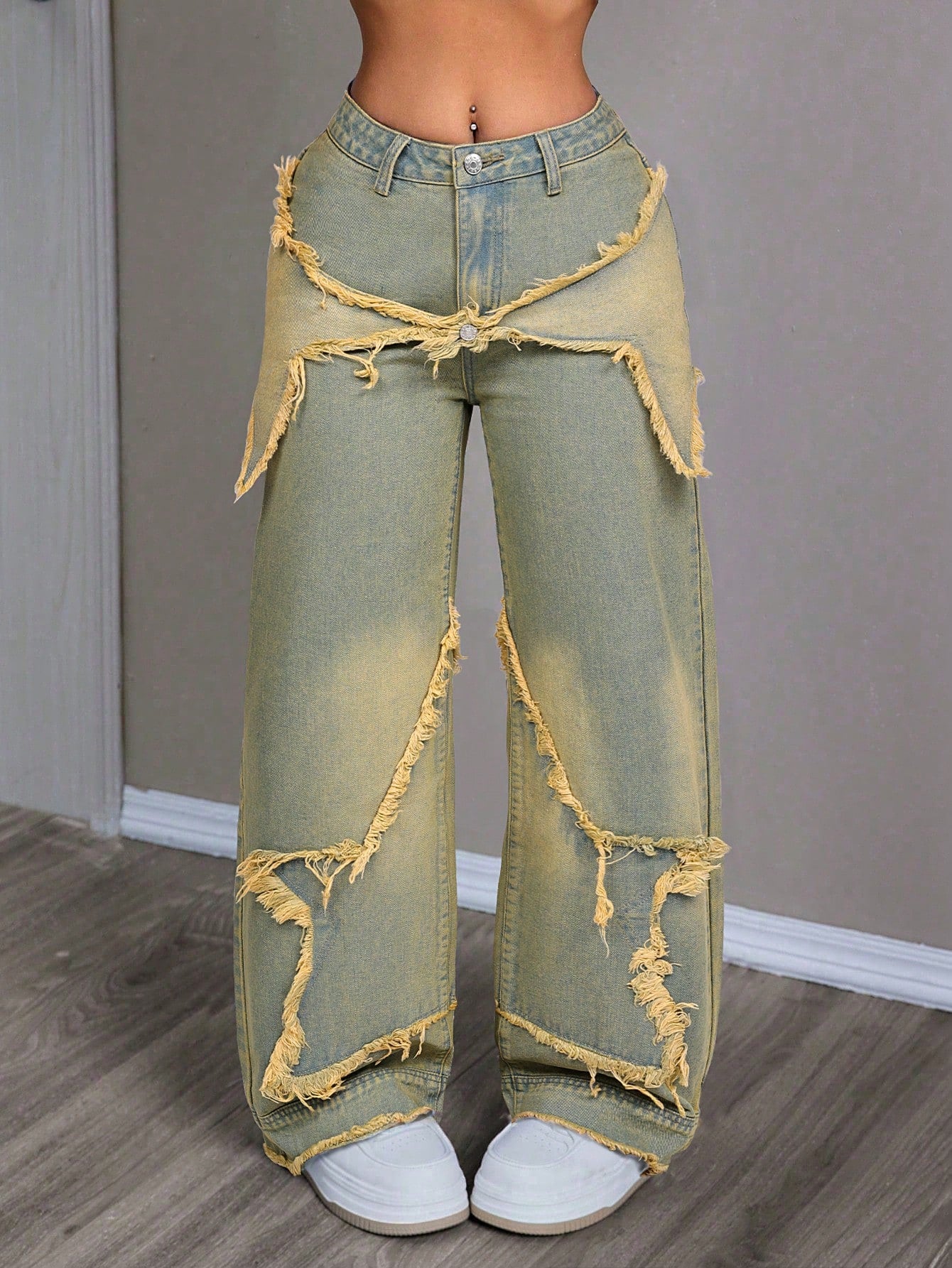 Women's Patchwork Fringe Wide Leg Denim Pants – Casual & Trendy Loose Fit