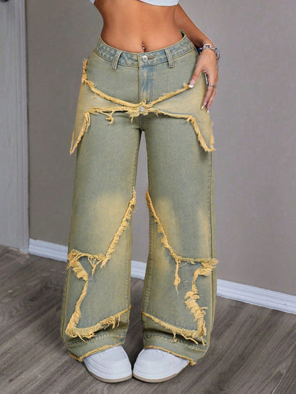 Women's Patchwork Fringe Wide Leg Denim Pants – Casual & Trendy Loose Fit