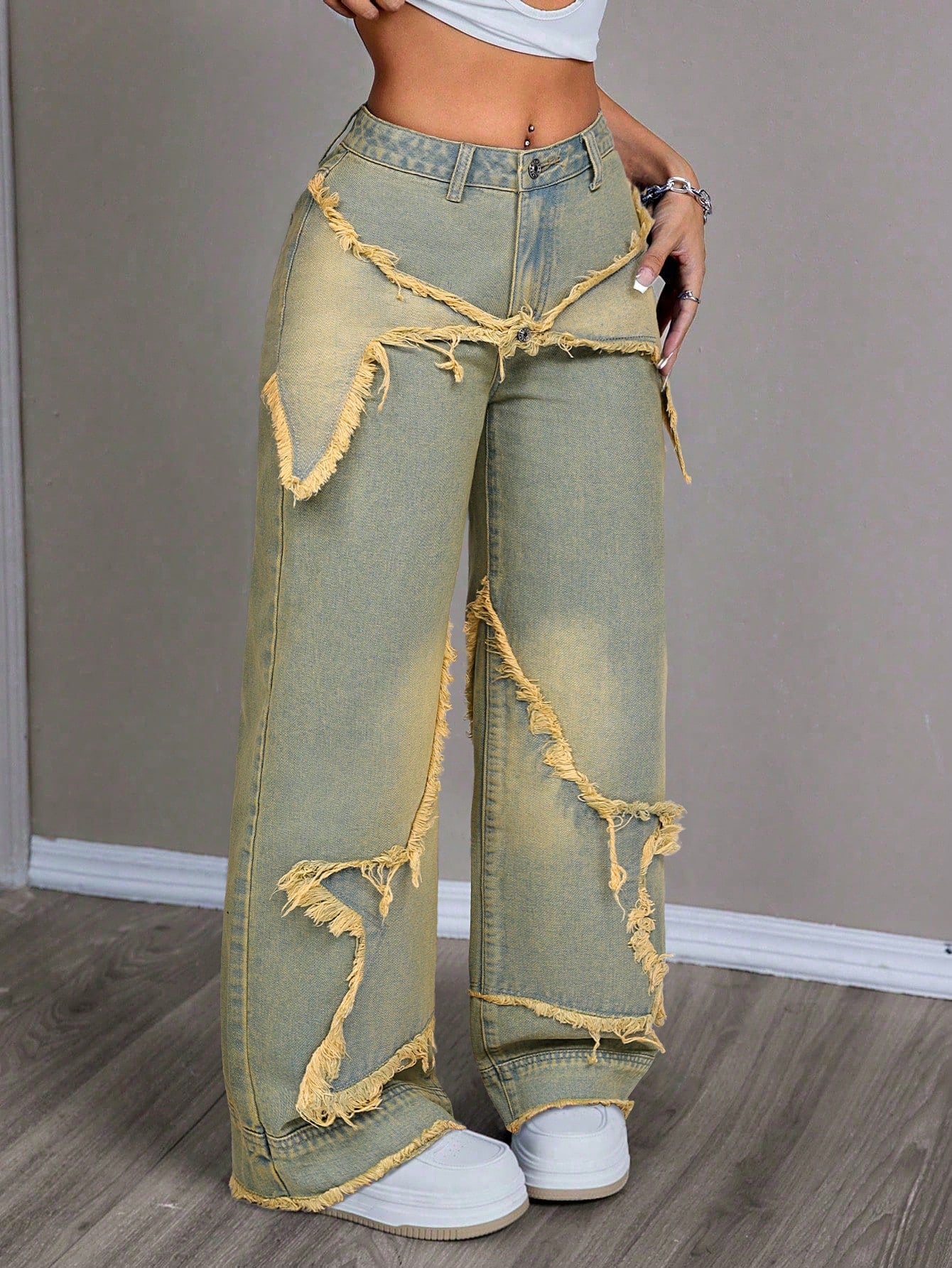 Women's Patchwork Fringe Wide Leg Denim Pants – Casual & Trendy Loose Fit