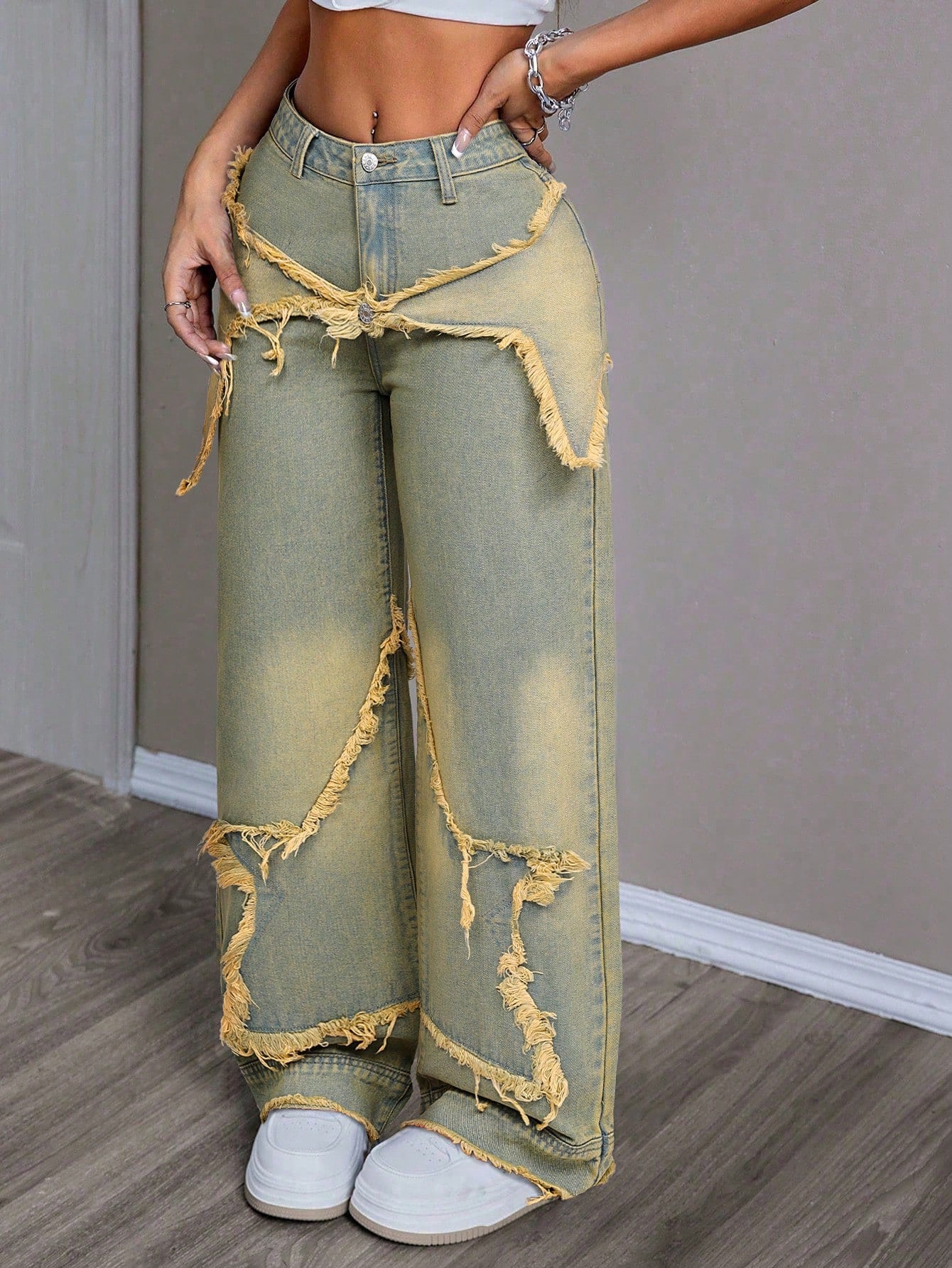 Women's Patchwork Fringe Wide Leg Denim Pants – Casual & Trendy Loose Fit