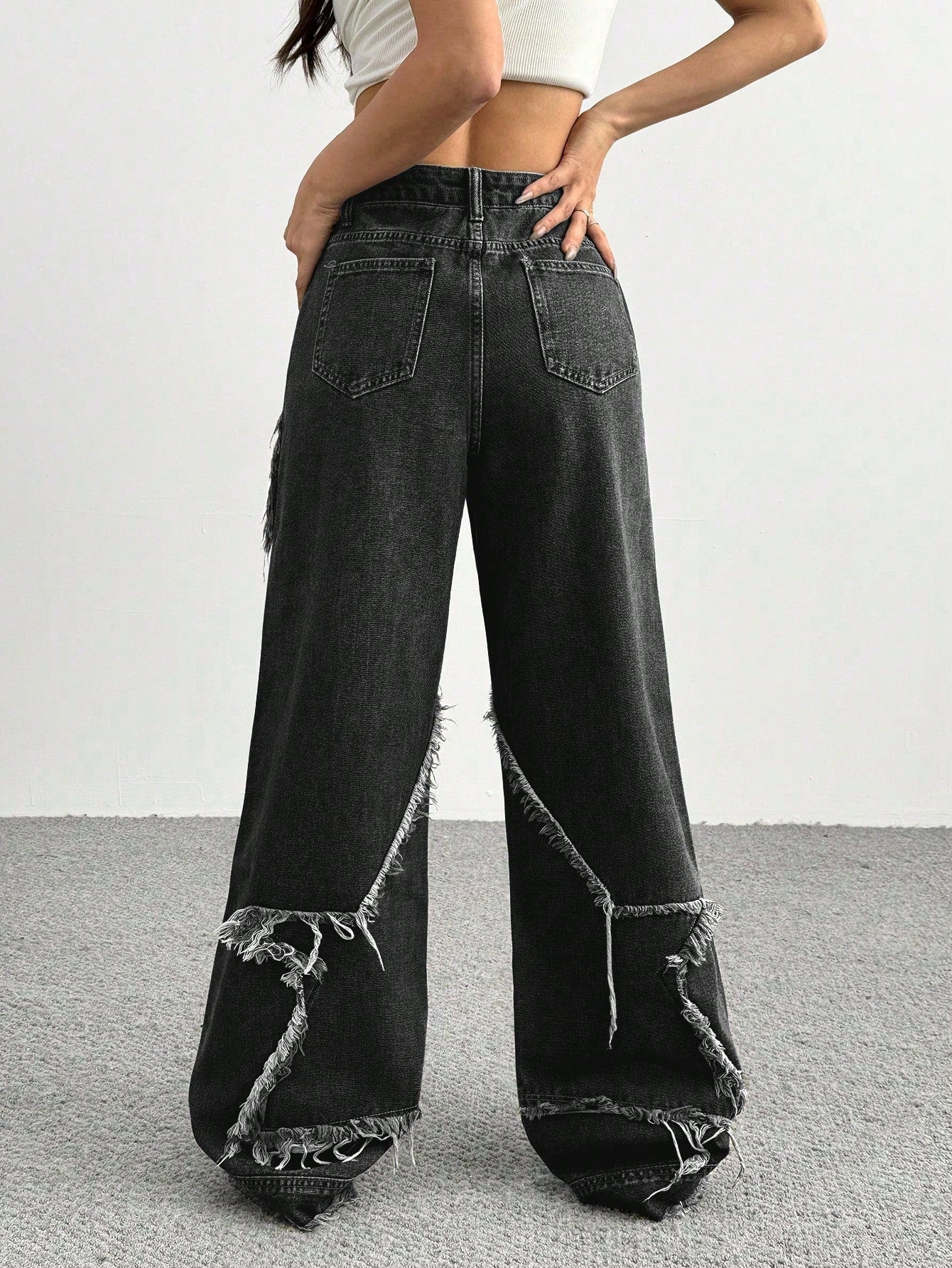 Women's Patchwork Fringe Wide Leg Denim Pants – Casual & Trendy Loose Fit