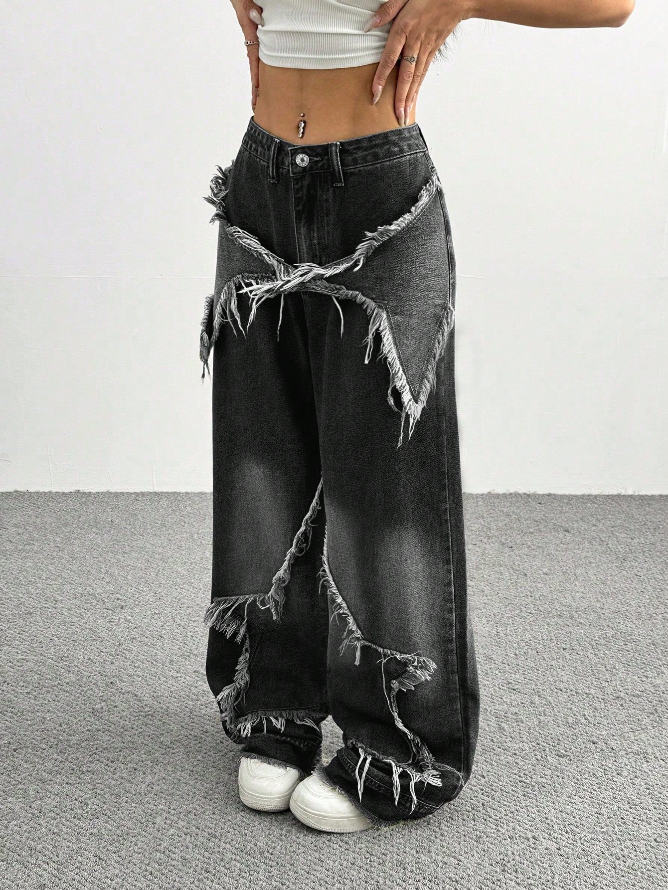 Women's Patchwork Fringe Wide Leg Denim Pants – Casual & Trendy Loose Fit